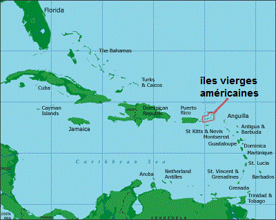 Carte des îles vierges américaines, à proximité de Porto Rico au nord des petites Antilles.