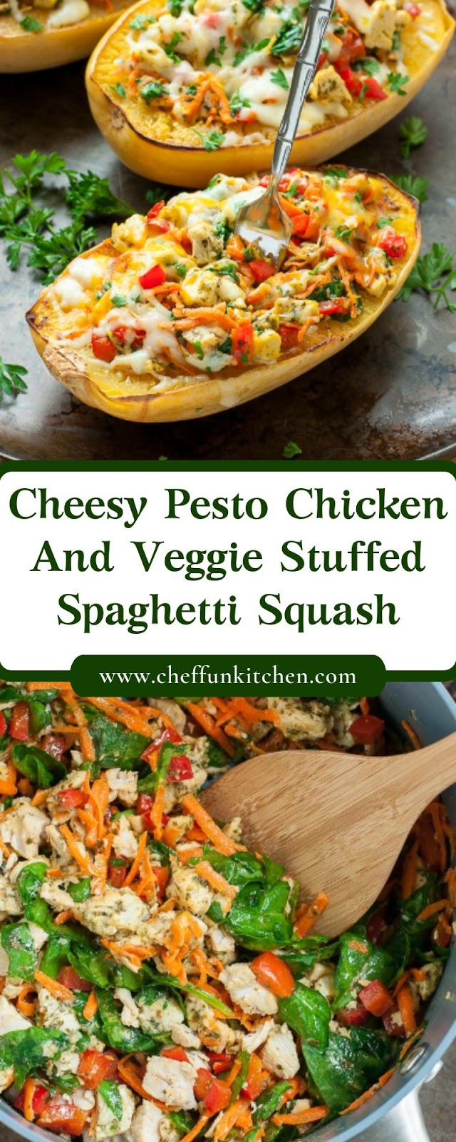 Cheesy Pesto Chicken And Veggie Stuffed Spaghetti Squash Cheesy Pesto Chicken And Veggie Stuffed Spaghetti Squash