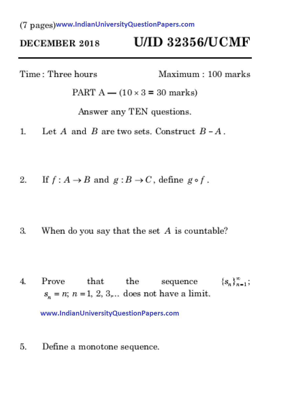 University of Madras B.Sc Mathematics Real Analysis Dec 2018 Question