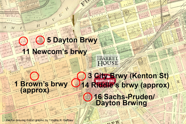 Map image showing Dayton's first breweries close to Warped Wing and The Barrel House.