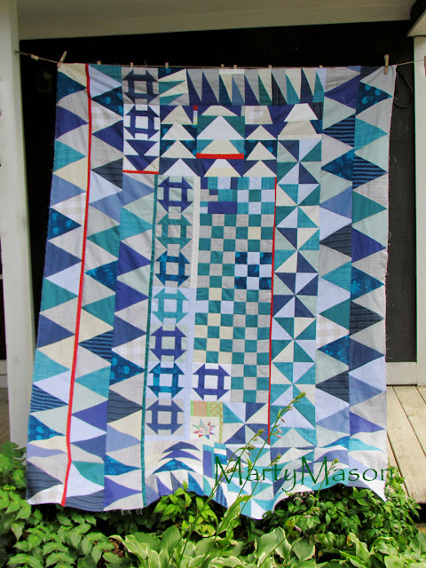 blue homespun - improvisational quilt top finished by Marty Mason