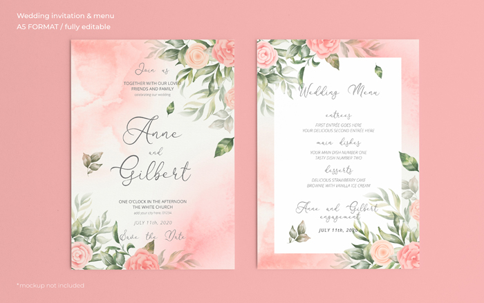 Romantic Watercolor Wedding Invitation And Menu Template Romantic Watercolor Wedding Invitation And Menu Template