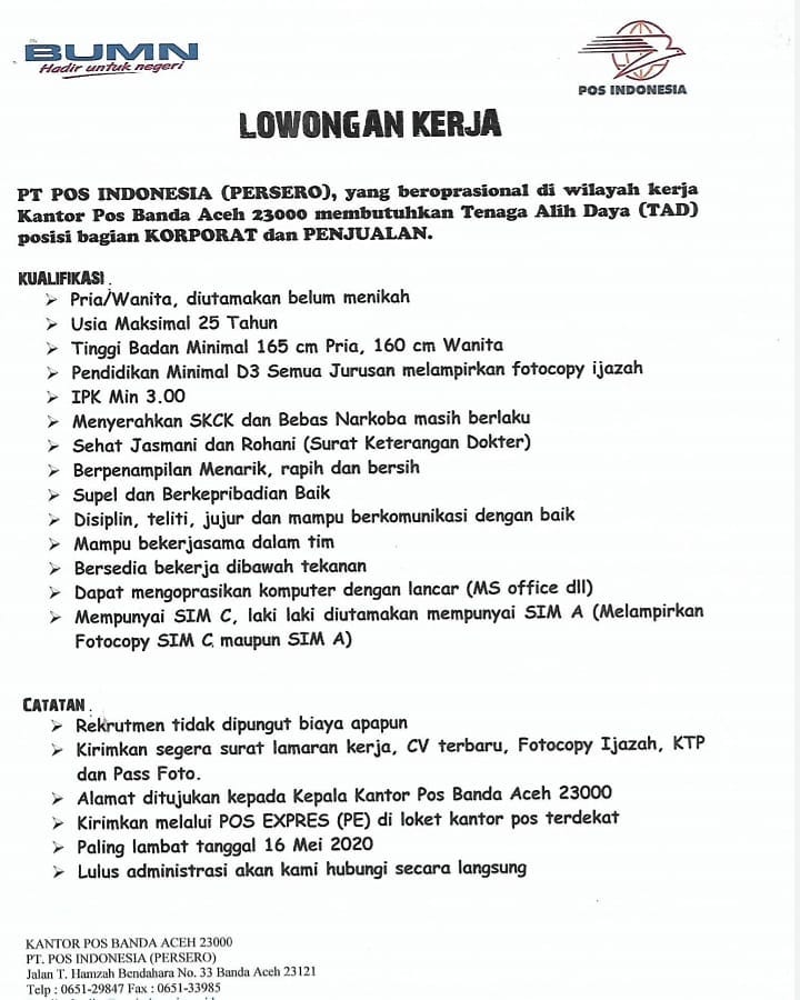 Lowongan Kerja Bumn Pt Pos Indonesia Persero Tbk Banda Aceh Mei 2020