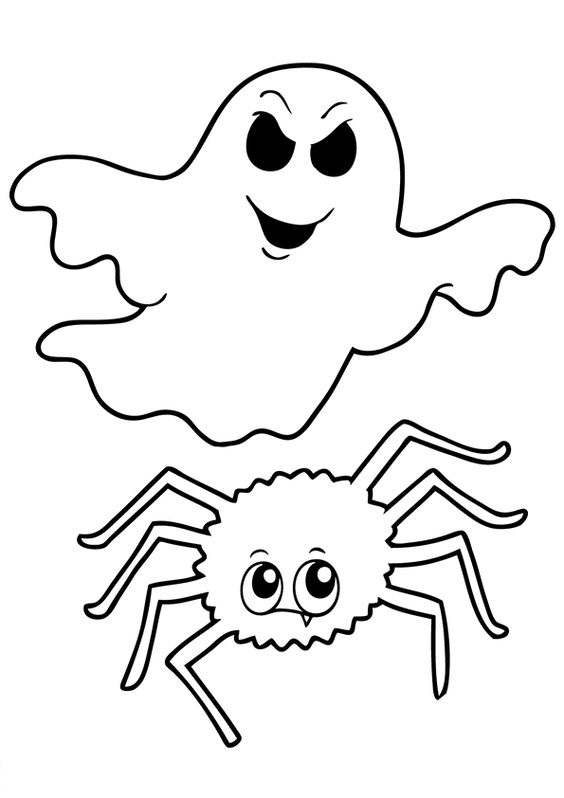 Tranh tô màu Halloween con nhện và con ma dễ thương