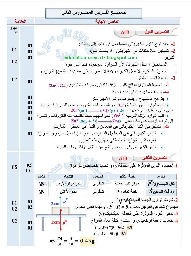 حل فرض الفيزياء للسنة الرابعة متوسط الفصل الثاني مع التصحيح 2022 3