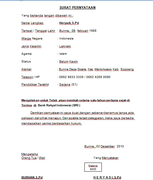 Contoh Surat Bersedia Tidak Menikah Selama Magang