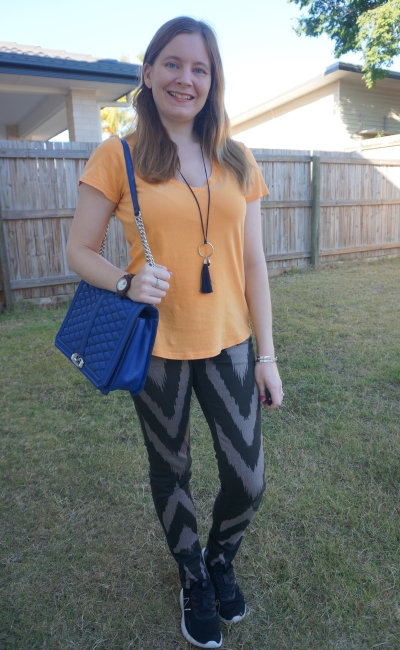 orange tee, Sass and Bide playman chevron print skinny jeans with Rebecca Minkoff quilted jumbo Love bag in cobalt | awayfromtheblue
