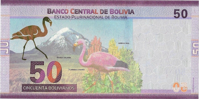 Bolivia Currency 50 Bolivianos banknote 2018 Andean Flamingo