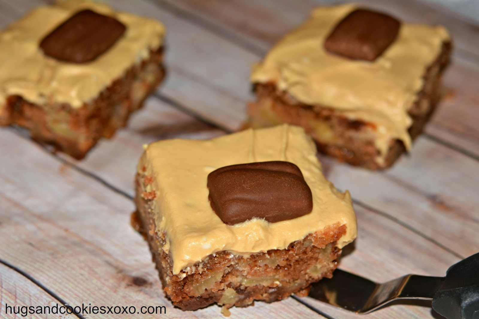 Butterfinger Apple Blondies with Salted Caramel Cream Cheese Frosting