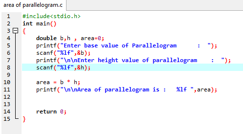 Information: C Program Code for Area of Parallelogram