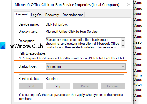 configurar microsoft office clic para ejecutar el servicio en automático