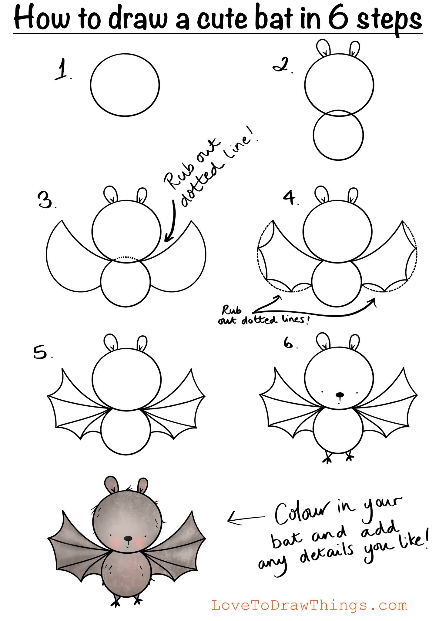 How to draw a cute bat in 6 steps