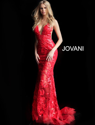 Red Color Plunging Neckline Embellished Red Carpet Jovani Design Dress