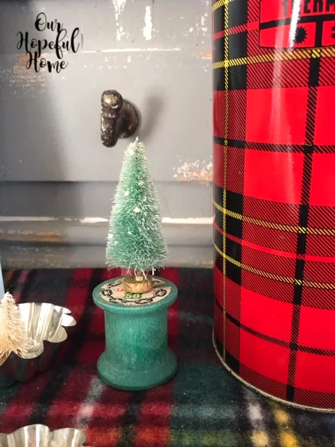 red plaid Thermos green spool vintage bottle brush tree