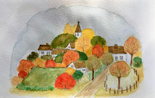 Mixed Media Gemälde von einem kleinen Dorf in herbstlich bunter Landschaft.,Aquarell,Farbstifte,Tinte