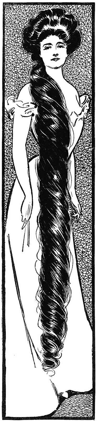 big hair 1906 big hair in 1906, an illustration of a pretty woman with very long hair