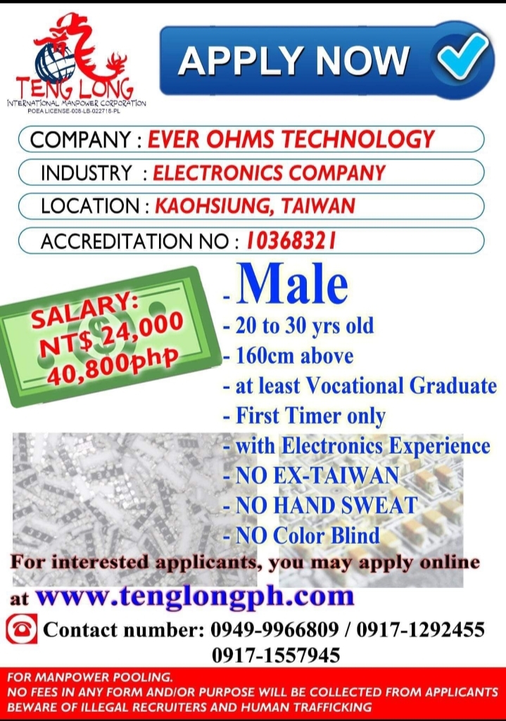 Job Hiring Ever Ohms Technology in Taiwan now hiring factory workers