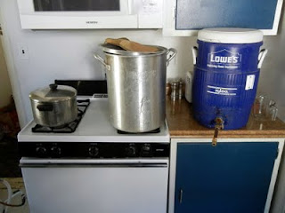 My turbid mash setup, from left to right: turbid wort, hot liquor, mash tun.