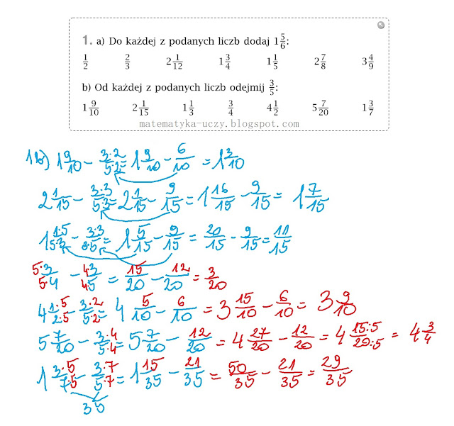 Zad. 1 i 2 str. 85 "Matematyka z plusem 5" Dodawanie i odejmowanie ułamków o różnych mianownikach