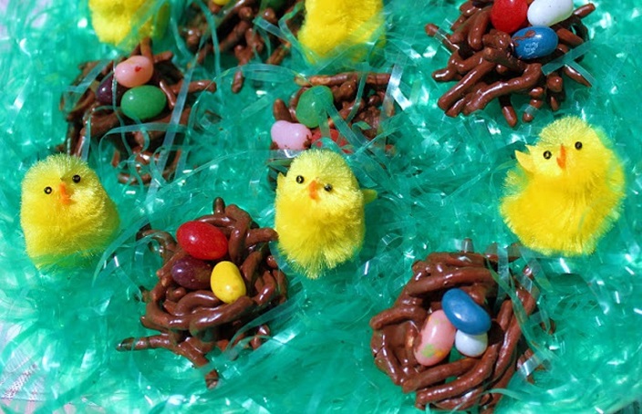 this is fake green grass with chocolate haystack candies and chicks