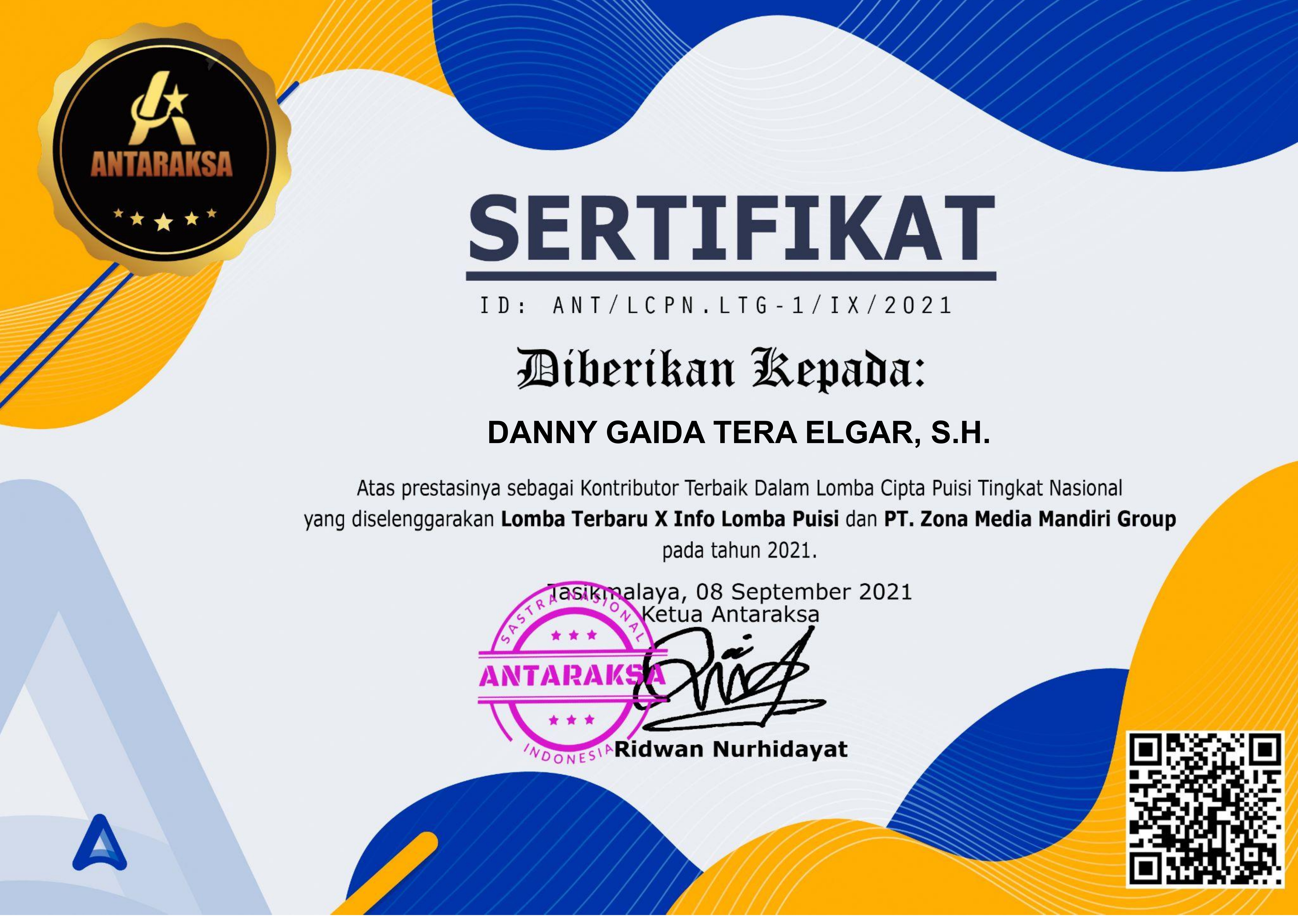 Sertifikat Penghargaan KONTRIBUTOR TERBAIK Dalam Lomba Cipta Puisi Tingkat Nasional ANTARAKSA - SASTRA NASIONAL INDONESIA
