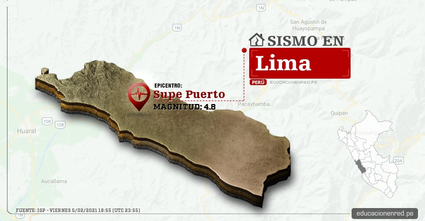 Temblor en Lima de Magnitud 4.8 (Hoy Viernes 5 Febrero 2021) Sismo - Epicentro - Supe Puerto - Barranca - IGP - www.igp.gob.pe