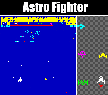 Animation demonstrating gameplay from the 1979 arcade game, Astro Fighter.  Includes animated sprites of the aliens and player.