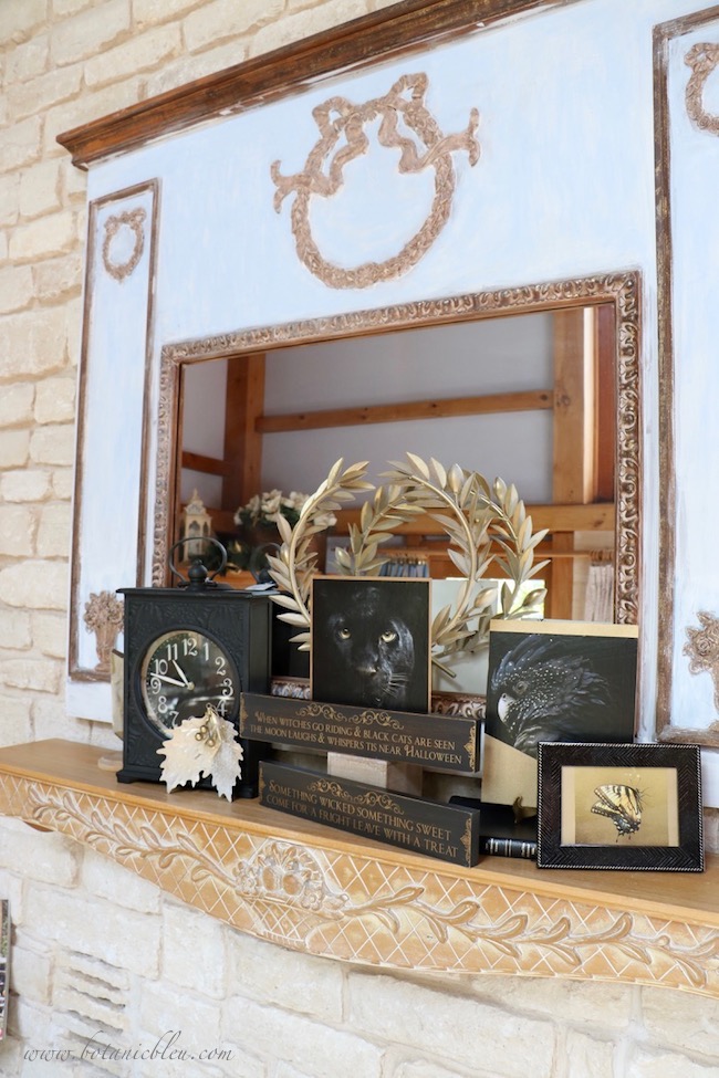 Elegant halloween black and gold mantel with French Country design