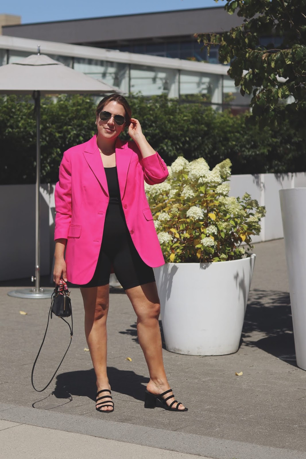 Pink blazer + bike shorts — Covet & Acquire