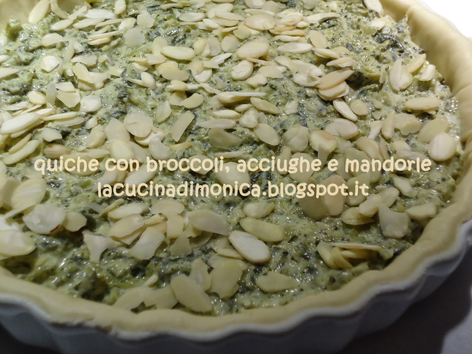 quiche con broccoli,acciughe e mandorle