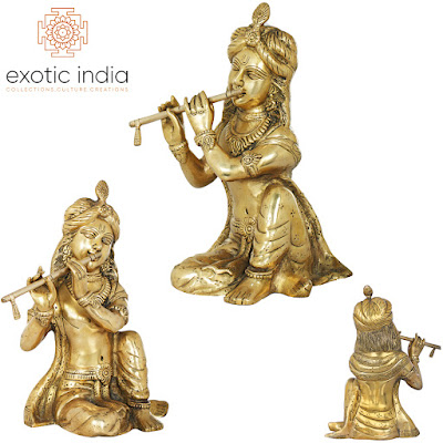 Seated Krishna Brass Statue-Making Music Into Ecstatic Dance