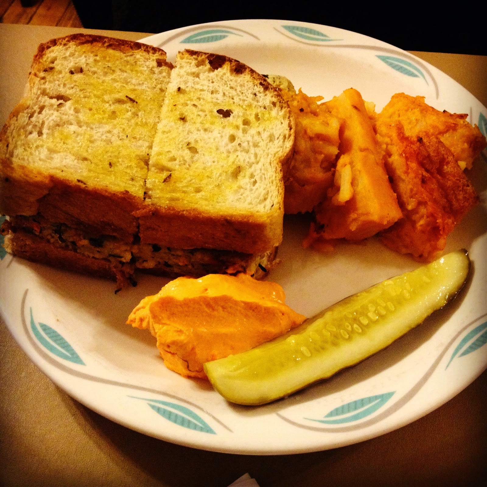Heather's Bay City Vegan Vegetarian Mediterranean Veggie Sandwich with Red Pepper Almond Mayo and Heather's House Potato
