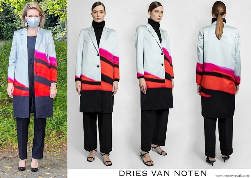 Queen Mathilde wore Dries Van Noten Richy silk printed coat