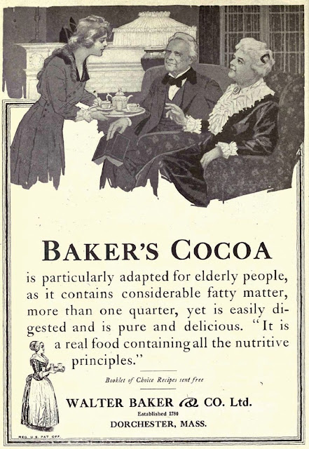 Реклама фирмы Baker’s Chocolate, 1919 г.  В левом нижнем углу — силуэт «Шоколадницы»
