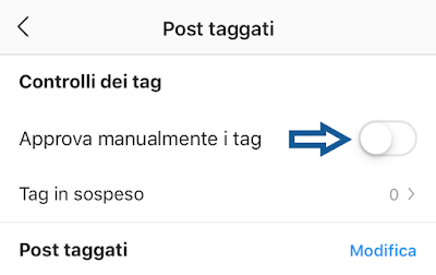 Instagram per iOS Post taggati pulsante Approva manualmente i tag