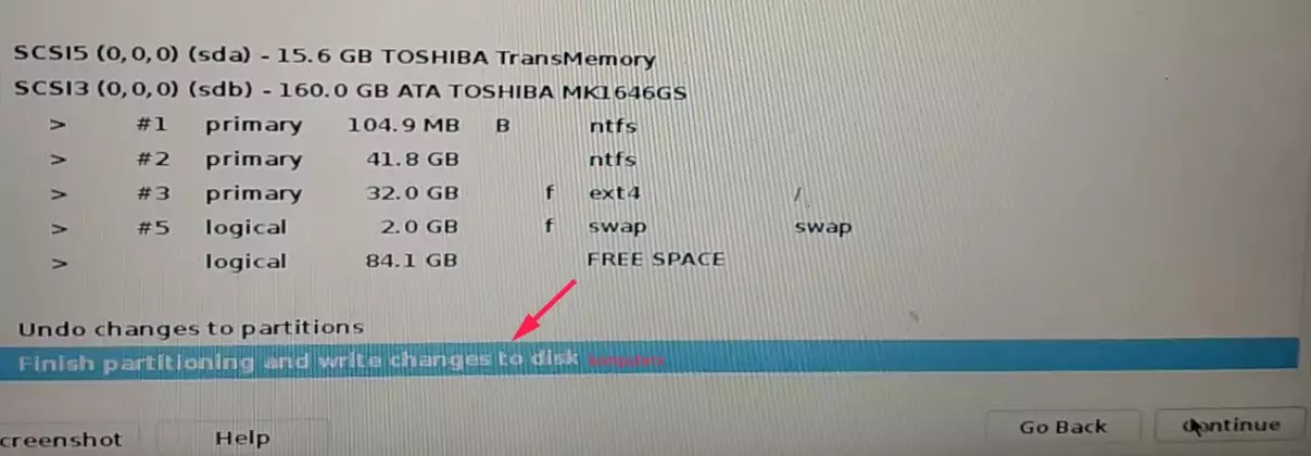 proses selesai partisi kali linux finish partisi swap kali linux