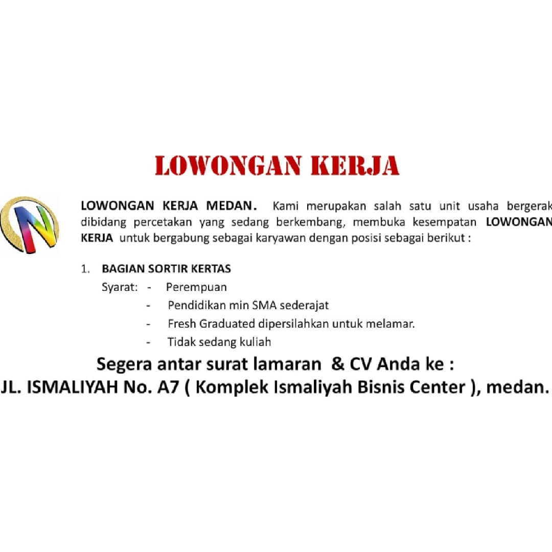 Lowongan Kerja Medan Juni 2021 SMA/SMK Di Perusahaan ...