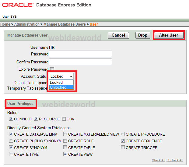 Technology comes with Idea Unlock Database User account and also Alter