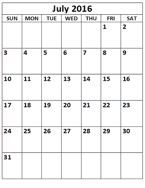 July 2016 Printable Calendar A4, July 2016 Blank Calendar, July 2016 Planner Cute, July 2016 Calendar Download Free