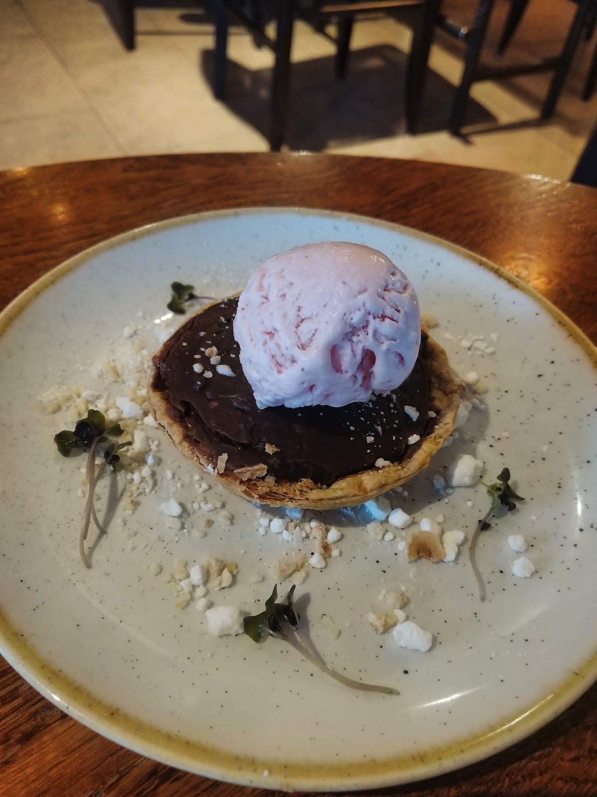 Chocolate tart and strawberry ice cream
