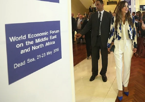 Queen Rania of Jordan attended the opening day of the World Economic Forum on the Middle East and North Africa 2015 on May 22, 2015 in the Dead Sea resort of Shuneh, west of the Jordanian capital, Amman.