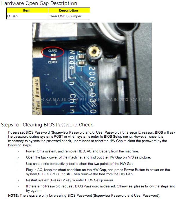 TIPS RESET PASSWORD BIOS UNTUK LAPTOP ACER ASPIRE 2920 2930 MENGUNAKAN