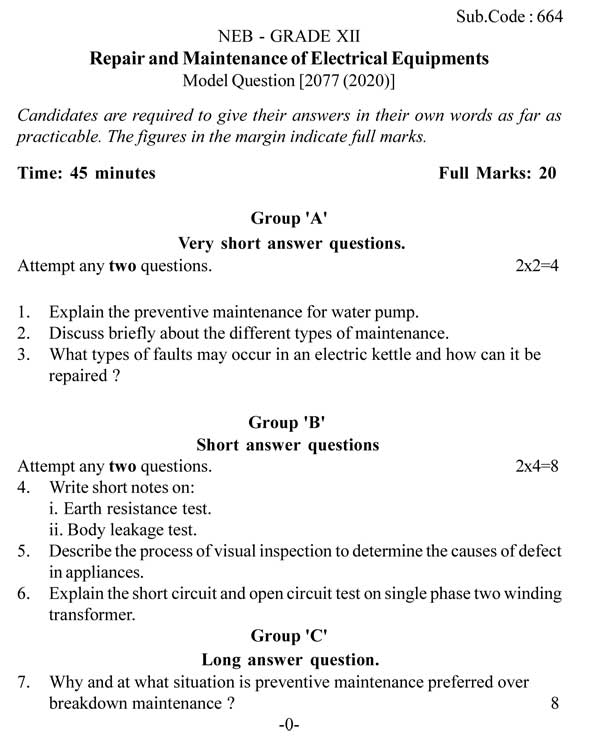 NEB Grade 12 Repair and Maintenance of Electrical Equipments Model