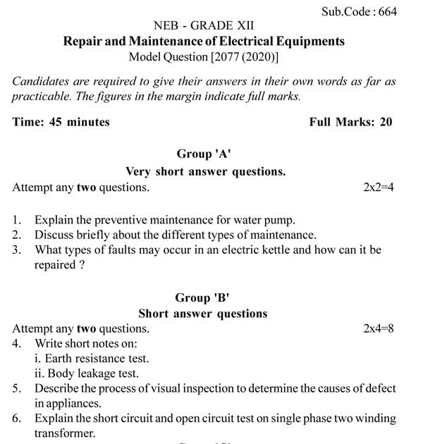 NEB Grade 12 Repair and Maintenance of Electrical Equipments Model