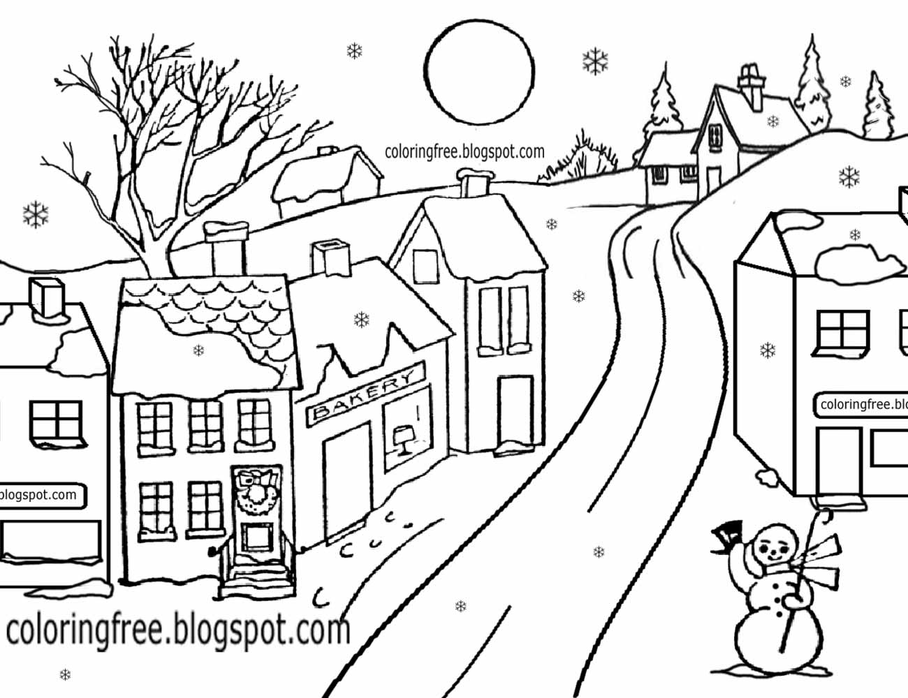 Countryside Winter Scene Pencil Images Coloring Pages Sketch Coloring Page