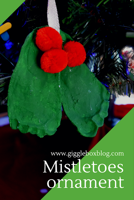 homemade Christmas ornament, salt dough Christmas ornament, foot prints made to look like mistletoe, Christmas ornaments, DIY ornaments, DIY Christmas ornaments,