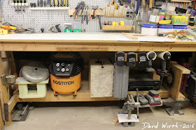 tool storage, under table, shelves