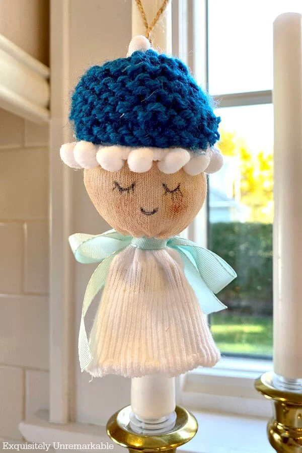 Sock Angel Ornament Boy with blue knit cap