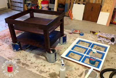DIY repurposed window coffee table construction process
