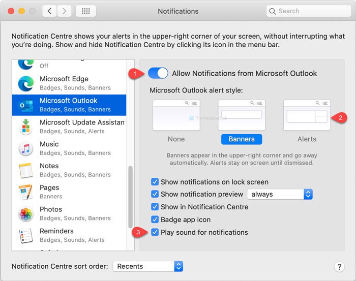 Outlookの通知がMacで機能しない